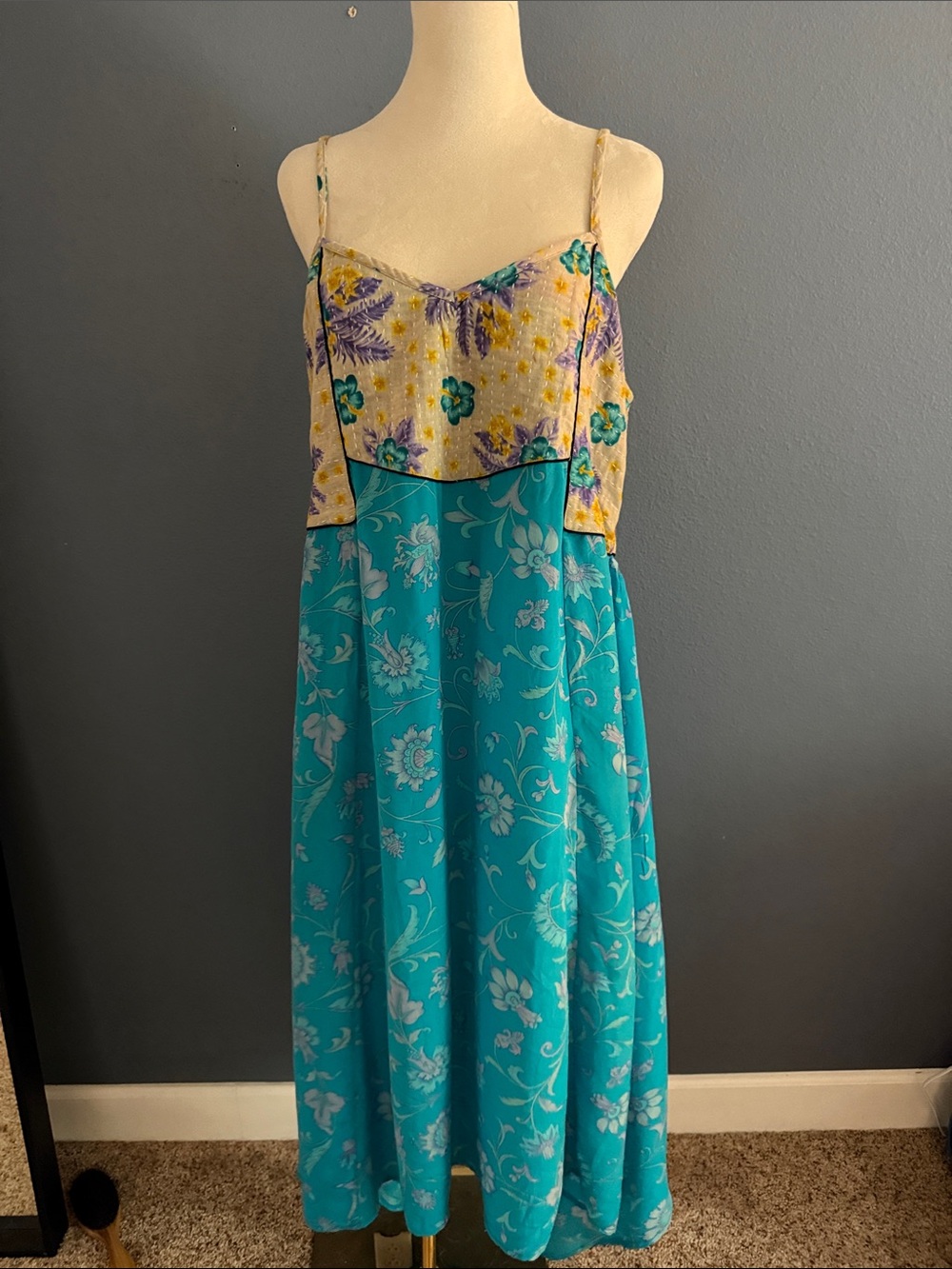 Teal and Yellow Floral Spaghetti Strap Maxi Dress